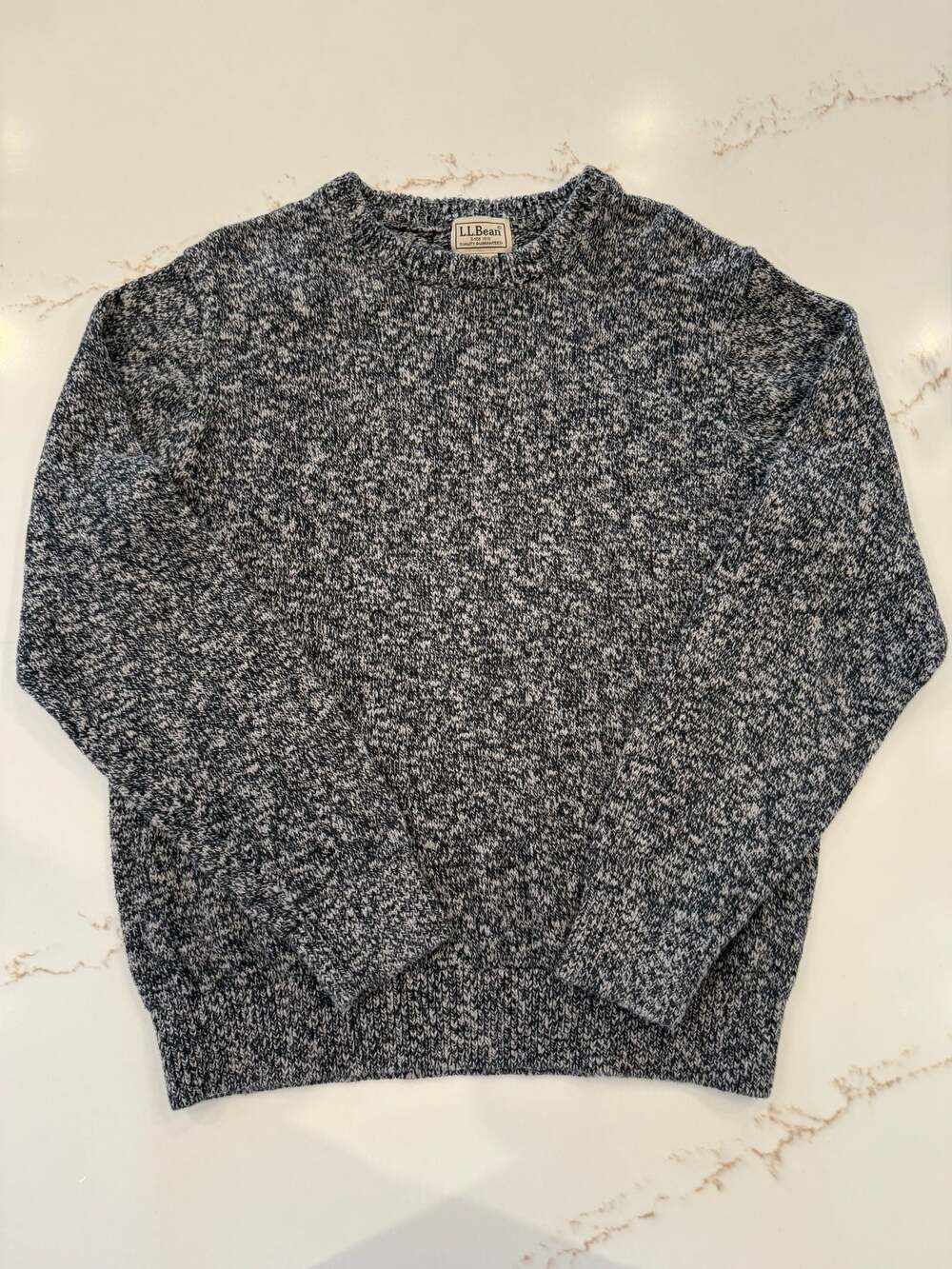 L.L.Bean Heritage Ragg Wool Cotton Crewneck Sweater Heathered Navy Blue White